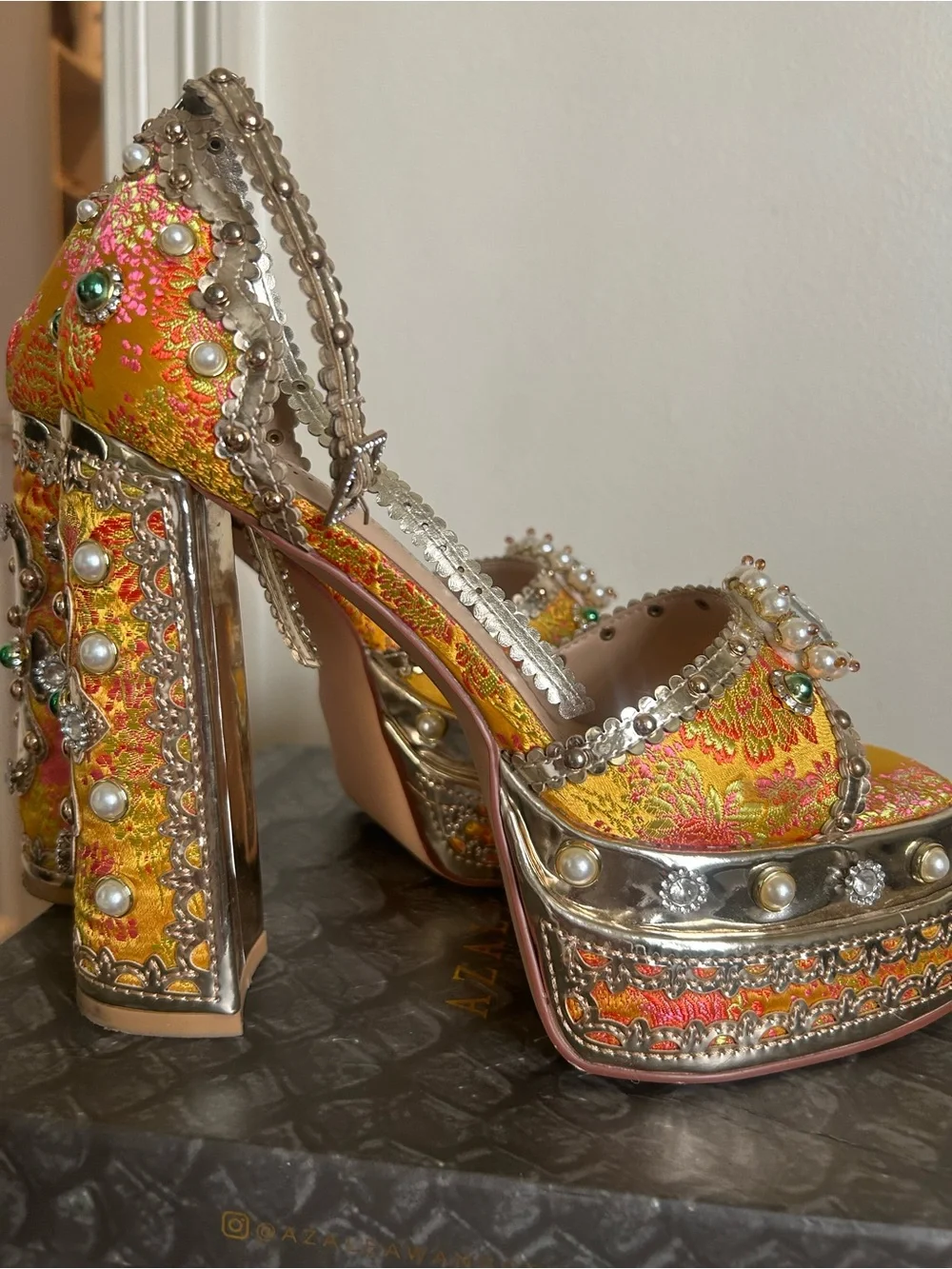 Embellished Gold Platform Sandals - Women's Evening Heels